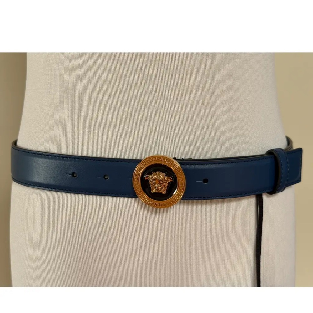 100% authentic Versace Blue Leather Belt with Gold Medusa Round Buckle - Picture 4 of 5